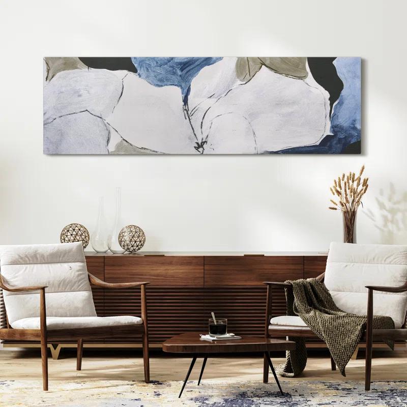 "Floral Serenity I & II", Flower Abstract Artwork on Silver Shagreen Wrapped Canvas Wall Art Set