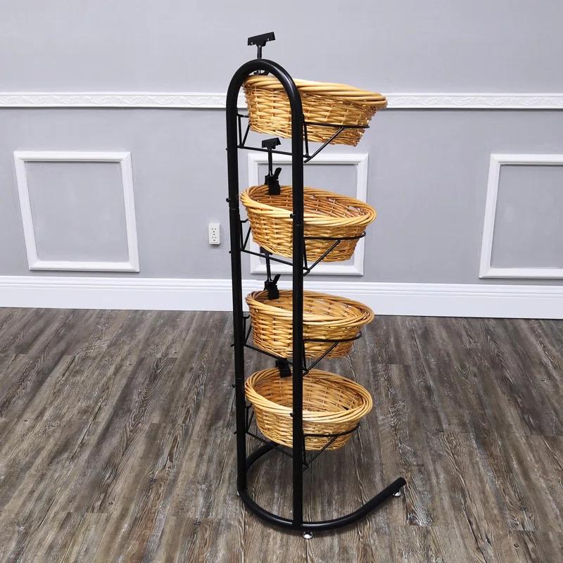 FixtureDisplays 4 Tier Basket Stand, Sign Clips, Wicker Grocery Store Rack Display, Market Basket Rack Kitchen