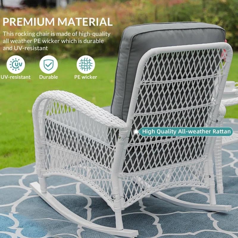 Highland Dunes Highland Dunes Outdoor Wicker Rocking Chair, Rattan Patio Rocker Chairs With Cushions And High Back, All-Weather Patio Wicker Chair With Safe Rocking Design For Garden Backyard Porch, White Wicker
