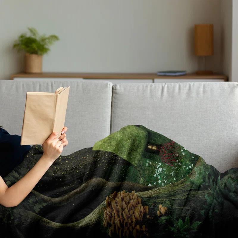 Ambesonne Ambesonne Green Fleece Throw Blanket Surreal Forest House Hunter Green Army Green