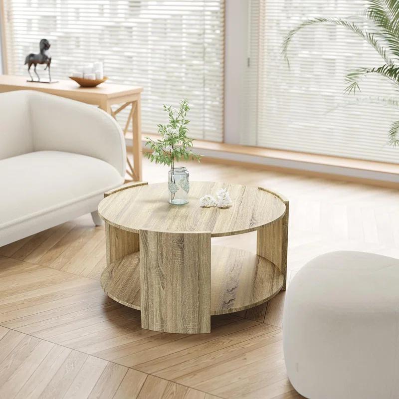 Ebern Designs Michaelee Round Coffee Table, 36" Rustic Modern Circle Coffee Tables with 2 Tier Storage Shelf, Cocktail Table for Living Room Apartment