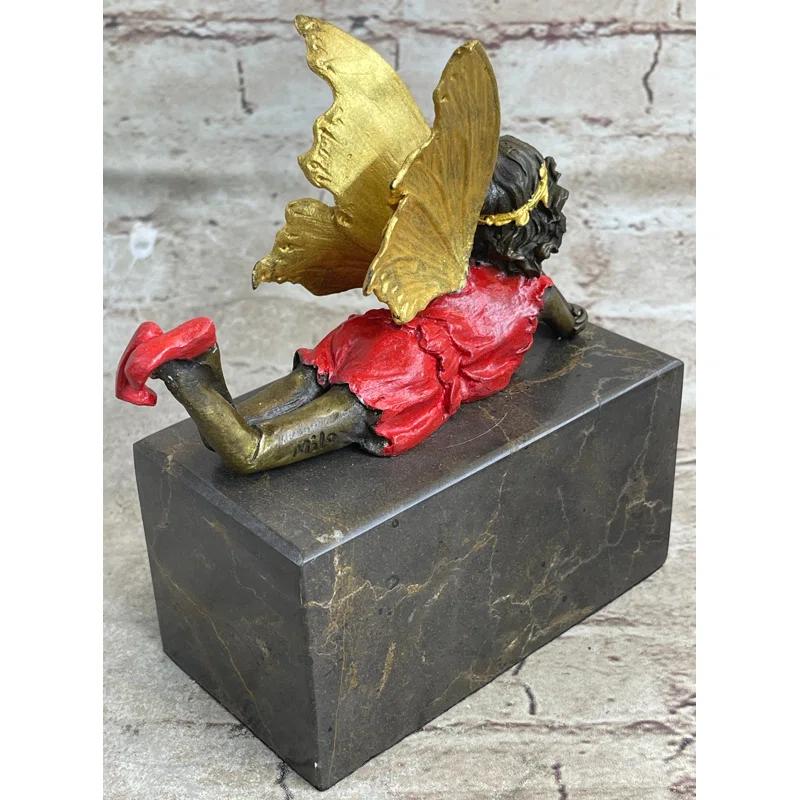 Trinx Kachri Colorful Resting Fairy Girl Child Bronze Metal Figurine Sculpture On Marble Base