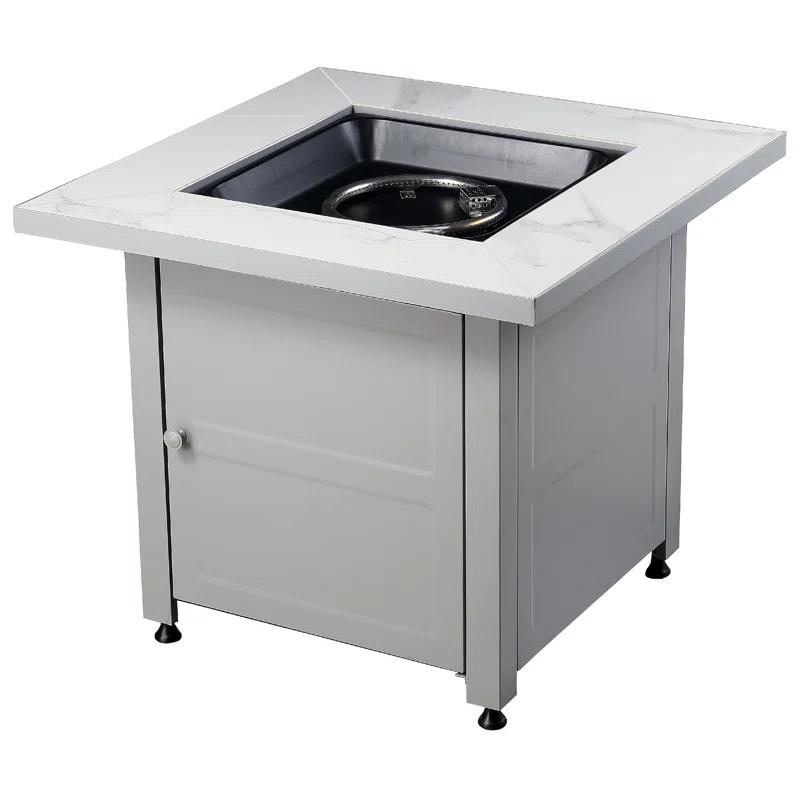 Mr. Bar-B-Q Endless Summer All Weather Outdoor Fire Pit Table with Faux Marble Finish, Black Glass