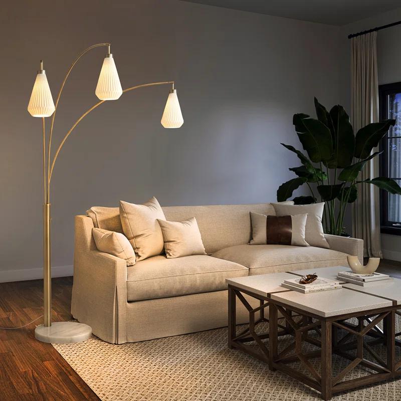 Nova of California Concord Bone Porcelain Shade 3 Light Arc Floor Lamp - 85", Weathered Brass & Walnut, Dimmer Switch