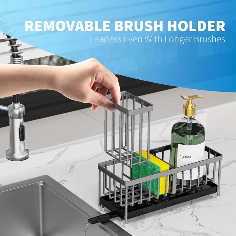 WKING Stainless Steel Kitchen Sink Caddy Organizer With Draining Tray, Rustproof Sponge Holder For Sink, Adjustable Compartments, Space-Saving Design