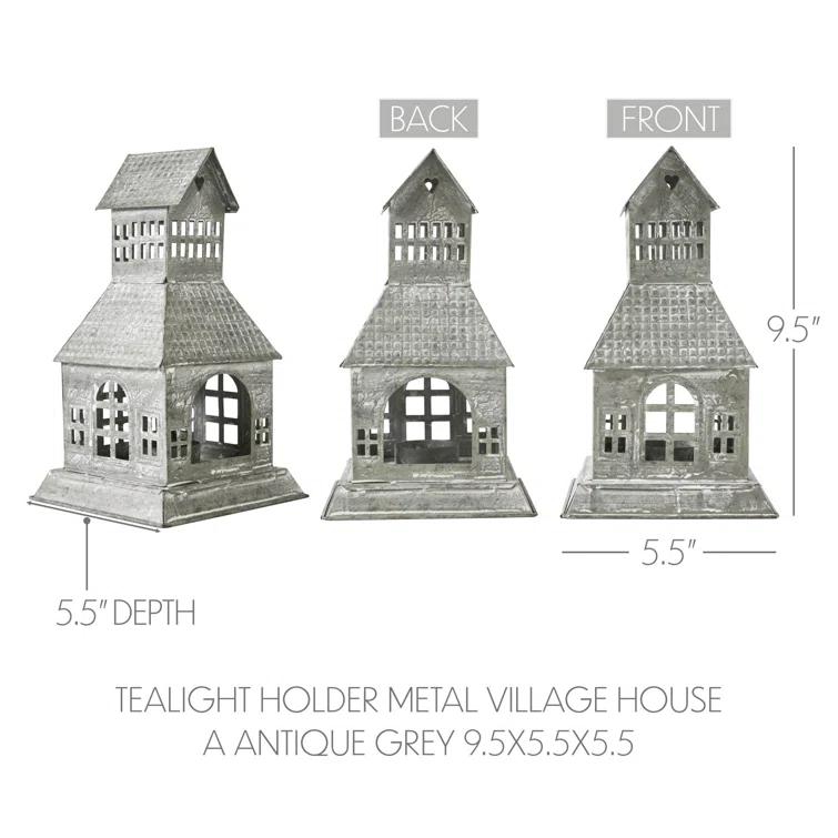 VHC Brands Festive Finds Tealight Holder Metal Village House A 9.5x5.5x5.5