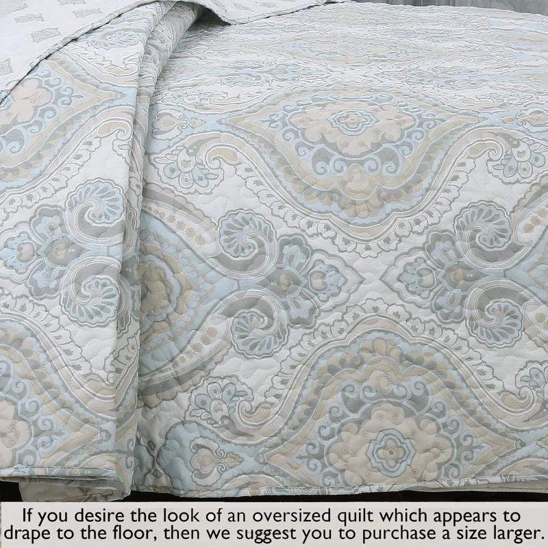Cozy Line Home Fashion Modern Medallion Sky Blue Tan Gray Brocade Geometric Shapes Quilt Set