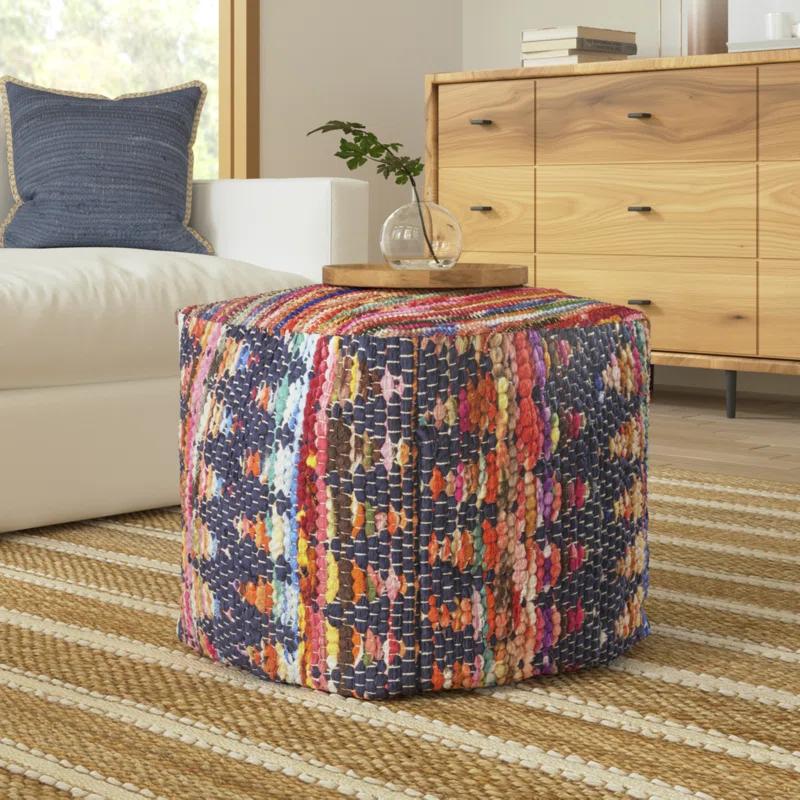 Evette Rios Dillon Denim Shabby Chic Hand-Loomed Cotton Blend Cube Ottoman Pouf