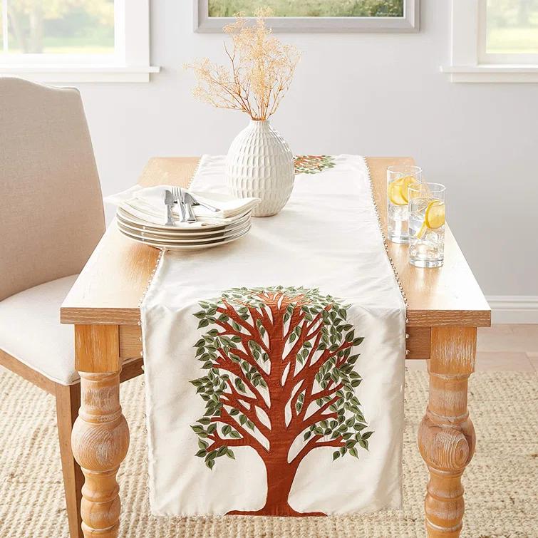 Arcadia Home Silk Table Runner with Tree of Life Embroidery and Hand Beading - 18x72"