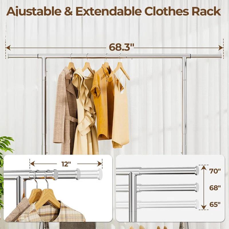 Heavy Duty Clothes Rack Load 450 LBS, Metal Garment Rack, Standing Rolling Clothing Rack for Hanging Clothes with Sturdy Wheels & Shelves, Portable Closet Wardrobe Rack,Sliver