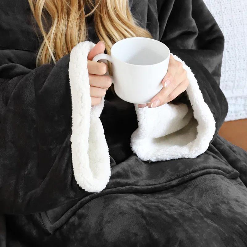 Tirrinia Hood Wearable Blanket for Adult Women and Men, Super Soft Comfy Warm Plush Throw with Sleeves TV Blanket Wrap Robe Hoodie Cover for Sofa, Couch 72" x 55"
