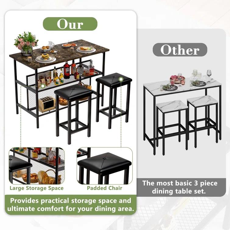 Ebern Designs Helidon 3 - Piece Trestle Dining Set w/2 Stools and 2 Open Shelves,Bar Height Table and Chairs