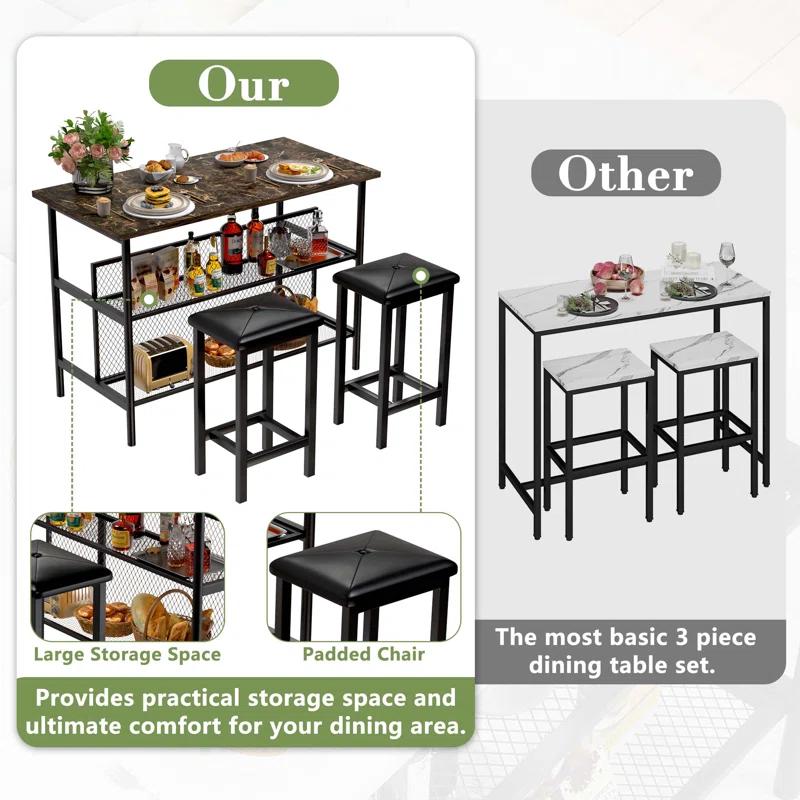 Ebern Designs Helidon 3 - Piece Trestle Dining Set w/2 Stools and 2 Open Shelves,Bar Height Table and Chairs
