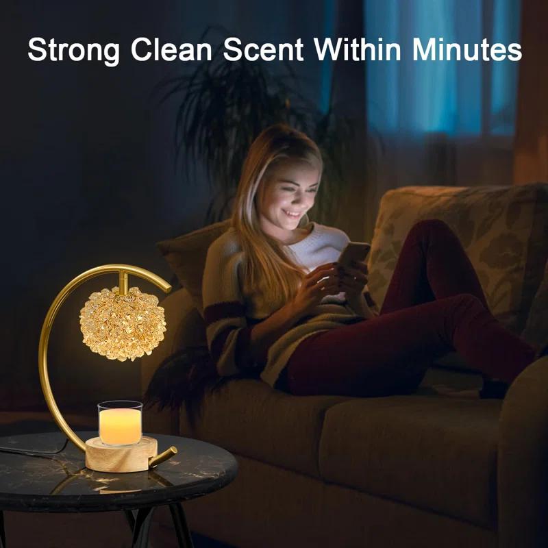 Rosdorf Park Gold Candle Warmer Lamp For Jar Candles With Adjustable Brightness&Timer,Handcrafted Crystal&Wooden Base,Candle Lamp Luxurious Design+2Bulbs,Home Decoration Electric Candle Lamp(C-Shaped)