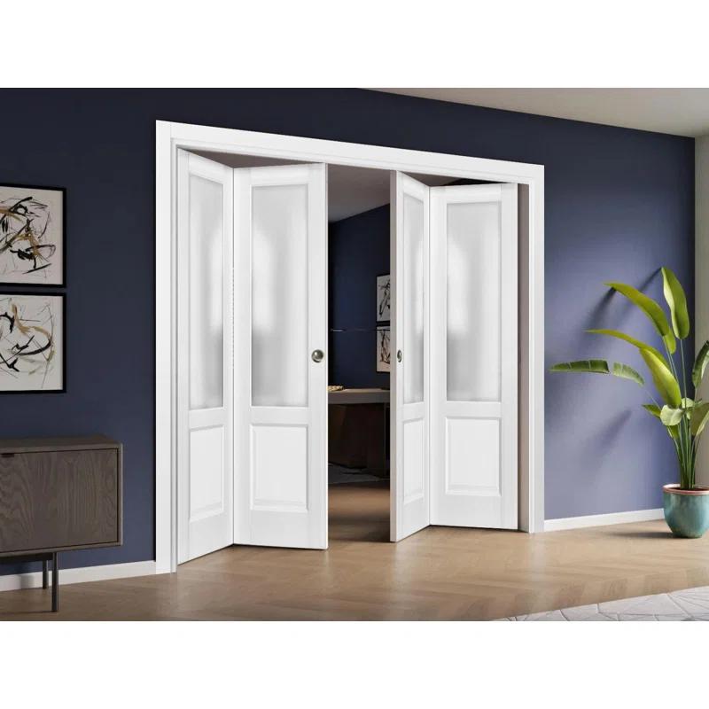 SARTODOORS Sliding Closet Double Bi-Fold Doors | Lucia 22 With Frosted Glass | Sturdy Tracks Moldings Trims Hardware Set | Wood Solid Bedroom Wardrobe Doors