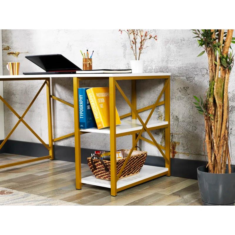 Sage Black Metal Frame 47" Wooden Top 2 Shelves Writing and Computer Desk for Home Office, Walnut