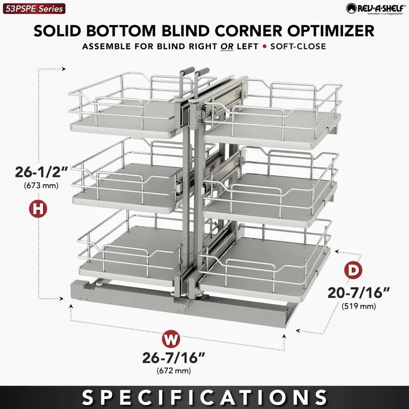 Rev-A-Shelf Steel 3-Tier Pullout Solid Bottom Organizer For Blind Corner Cabinets W/ Soft-Close