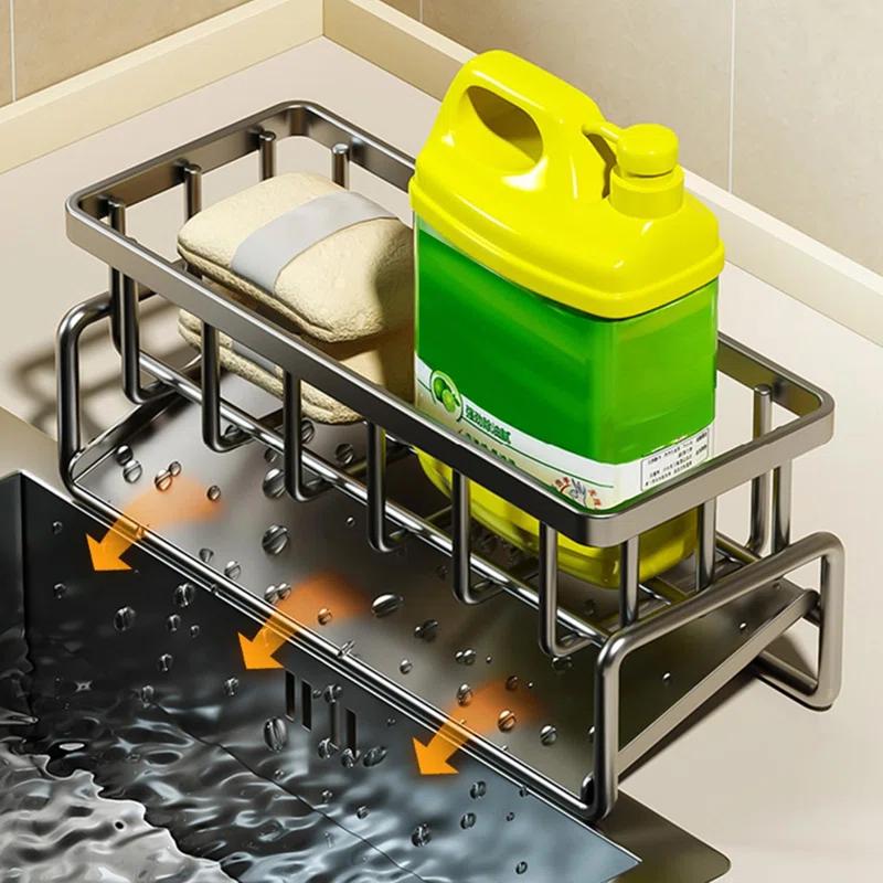 WKING Stainless Steel Kitchen Sink Caddy Organizer With Draining Tray, Rustproof Sponge Holder For Sink, Adjustable Compartments, Space-Saving Design
