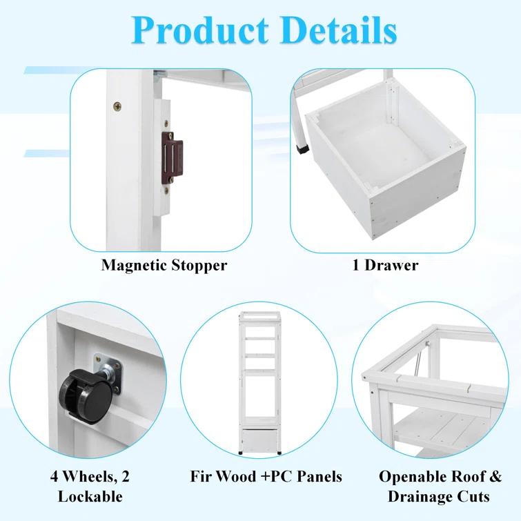 mosaicmotifco Wood Garden Greenhouse Balcony Portable Mini Cold Frame With Movable Storage Box, Adjustable Shelves And 1 Drawer