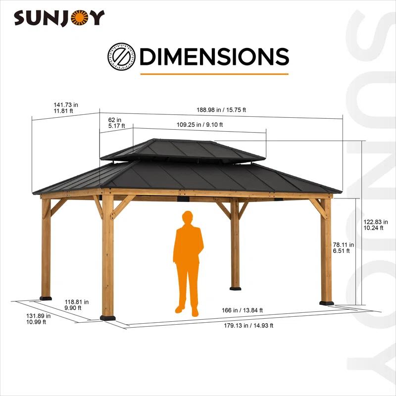Sunjoy Sunjoy 12x16 ft. Wood Gazebo, Outdoor Patio Steel Hardtop Gazebo, Cedar Framed Wooden Gazebo with 2-tier Metal Roof, Suitable for Patios, Lawn and Backyard