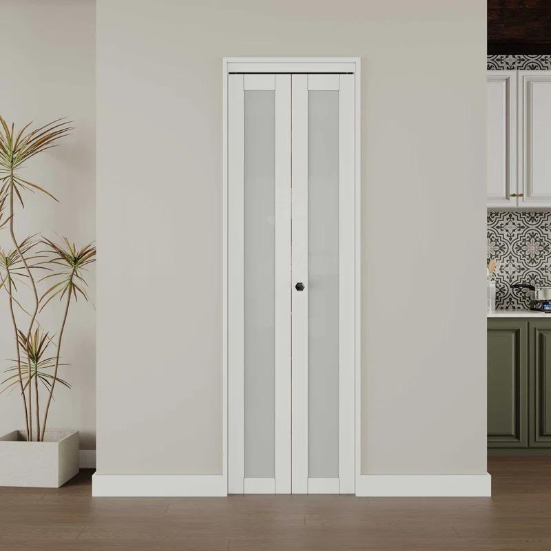 EASELIFE Frosted Glass And Solid Manufactured Wood Bi-Fold Door With Installation Hardware Kit