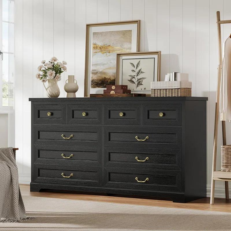 Winston Porter Farmhouse Dresser With 10 Drawers For Bedroom, Wide Dresser Chest Of Drawers, Rustic Wood Storage Dresser With Deep Drawers And Vintage Handle, Large Dresser For Bedroom, Closet, Hallway