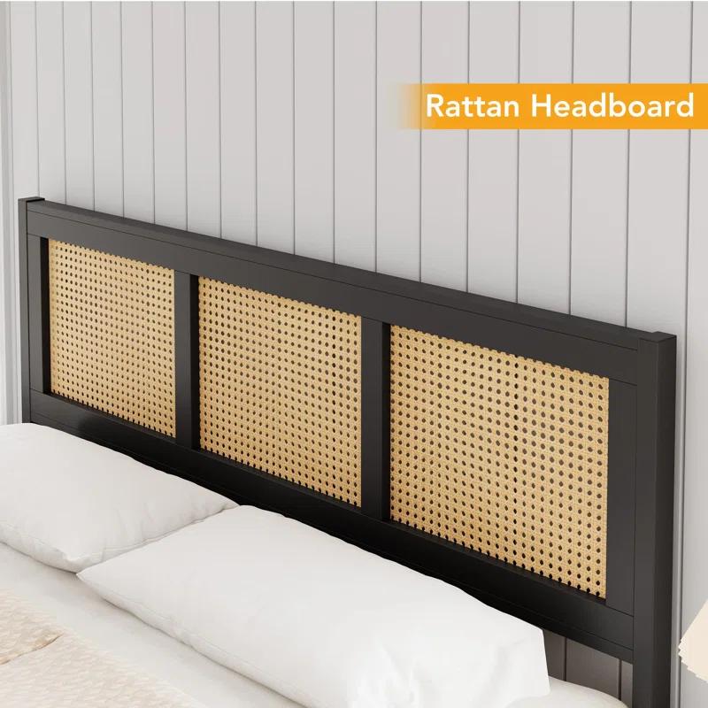 babevy Boho Cane Platform Bed Frame With Strong Metal Slat