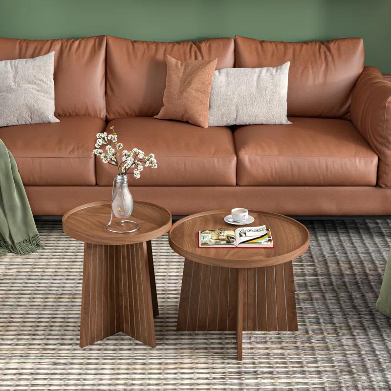 Gracie Oaks Round Fluted Nesting Coffee Table, 2 Piece Coffee Table Set For Living Room, Office, Balcony