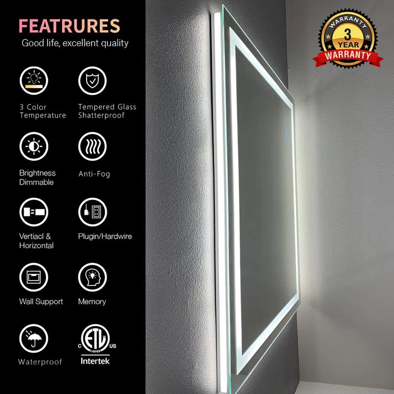 Ivy Bronx Molly Frameless LED Front Light and Backlit 3 Colors Dimmable Anti-Fog Wall Bathroom Vanity Mirror