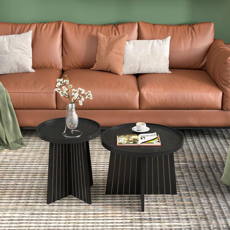 Gracie Oaks Round Fluted Nesting Coffee Table, 2 Piece Coffee Table Set For Living Room, Office, Balcony