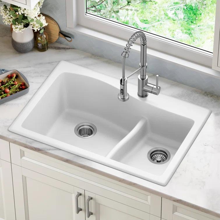 Kraus KRAUS Quarza™ 33" L Dual Mount 60/40 Double Bowl Granite Kitchen Sink KGD-442WHITE