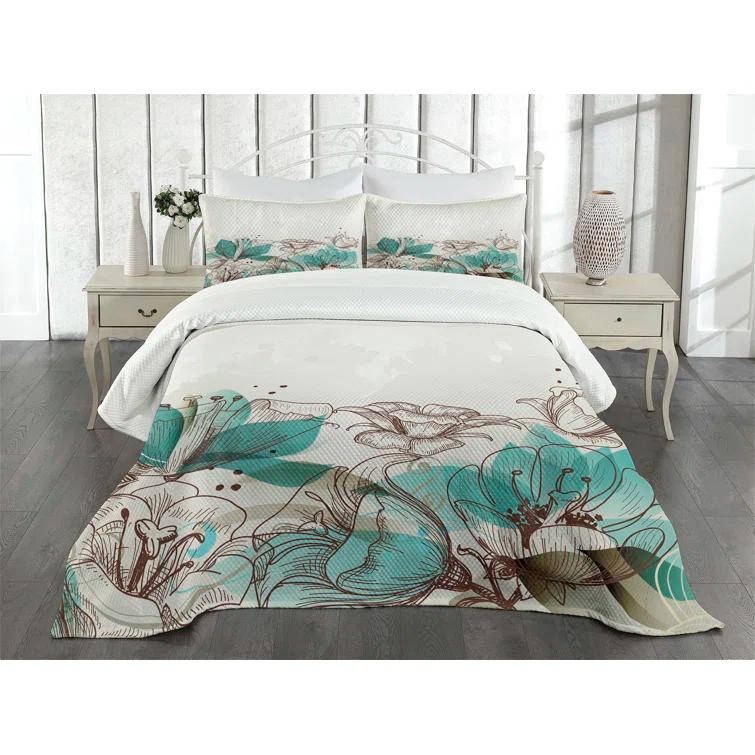 Ambesonne Ambesonne Turquoise Bedspread Retro Hibiscus