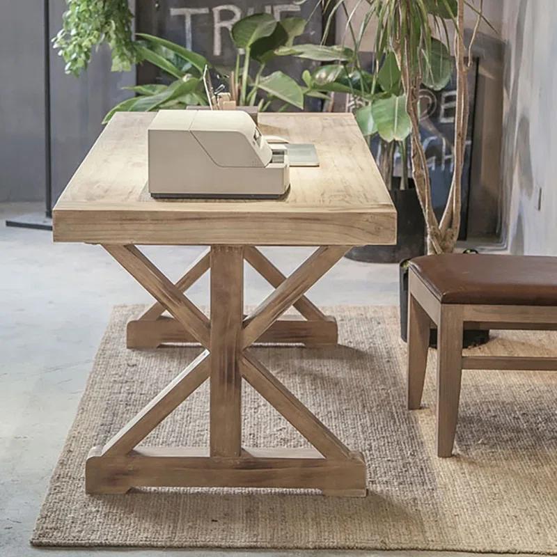 Rustic Farmhouse Computer Desk In Natural With Trestle Base Wooden Office Desk