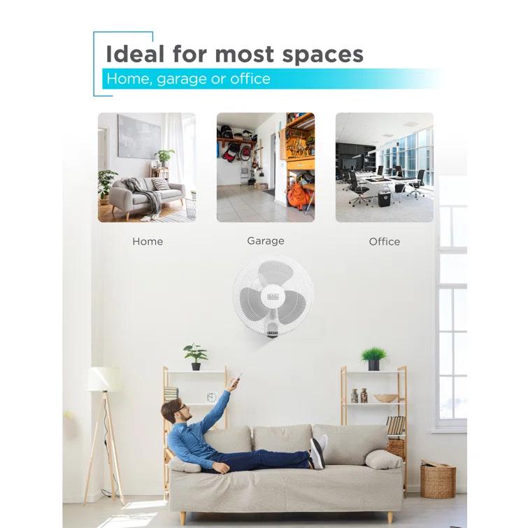 BLACK+DECKER BFP Series BLACK+DECKER 16" Wall Fan with Remote Control, Oscillating Fan with 3 Speed Settings