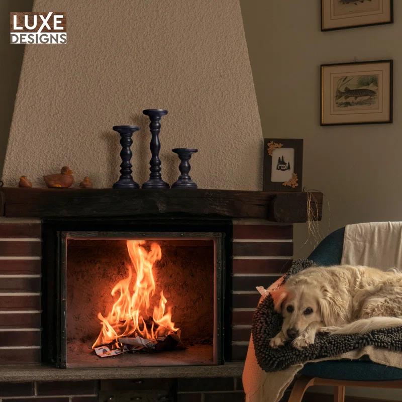 LuxeDesigns 12'' Handcrafted Mango Wood Pillar Candle Holder Set – Rustic 3-Piece Set for LED Candles