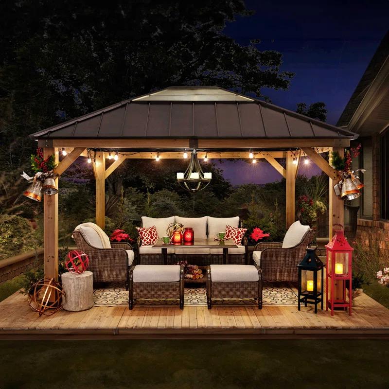 Sunjoy Sunjoy Hardtop Gazebo 11 x 13 ft. Upgrade Cedar Framed Wood Gazebos with Brown Steel and Polycarbonate Hip Roof Hardtop for Garden, Backyard Shade,