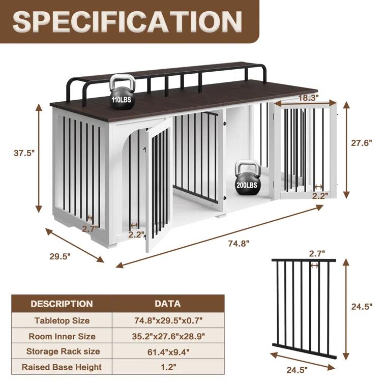 Tucker Murphy Pet™ 74.8" XXL Double Dog Kennel Furniture For Large Breed,Heavy Duty Wooden Dog Crate Cage Furniture Style With Storage Rack And Divider For 2 Dogs Indoor,White & Reviews | Wayfair