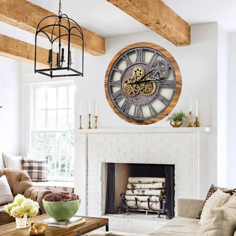 The Gears Clock Wall Clock 24" Round Oversized for Living Room decor with Real Moving Gears America Collection