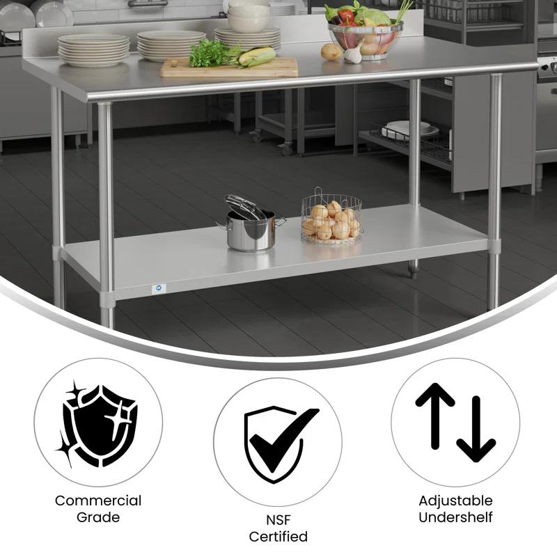 Flash Furniture Commercial Stainless Steel Kitchen Prep and Work Table with Shelf and Backsplash