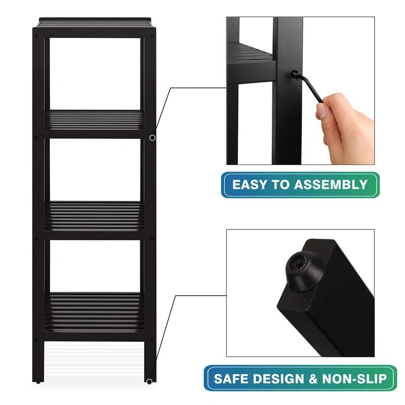 Bathroom Storage Shelf, 4-Tier Bamboo Rack Organizer, Multifunctional Shelving Unit For Living Room Bedroom Kitchen (Black)