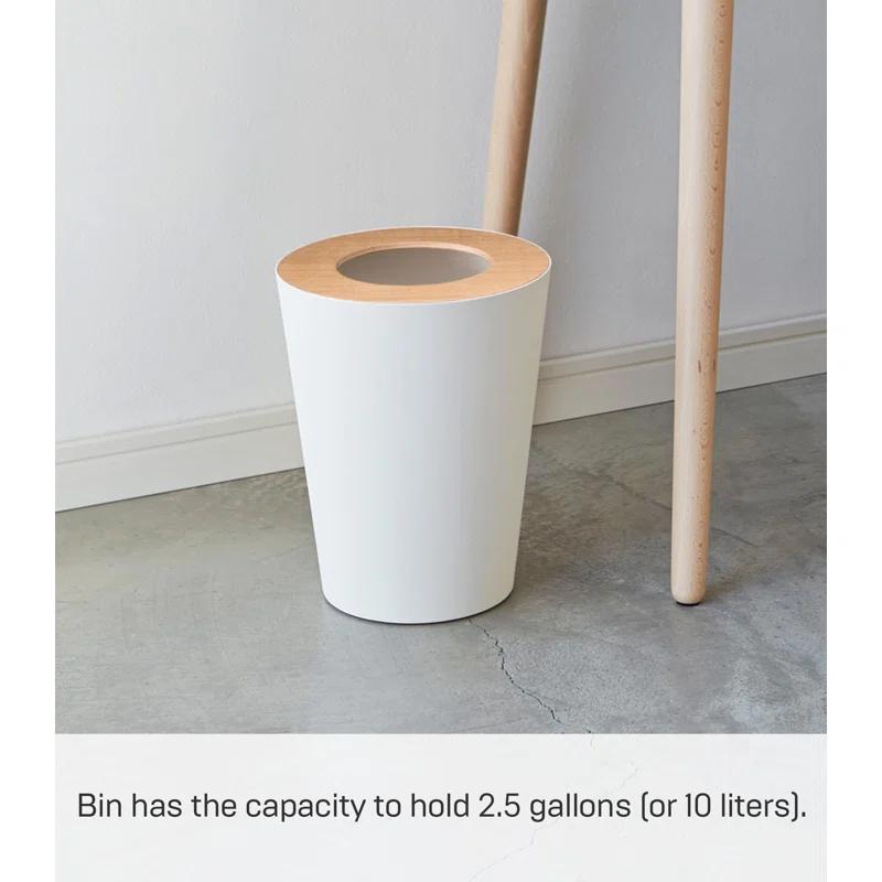 Rin Yamazaki Home Round Trash Can, 1.85 gallon Wastebasket Bathroom Kitchen Office, Steel + Wood