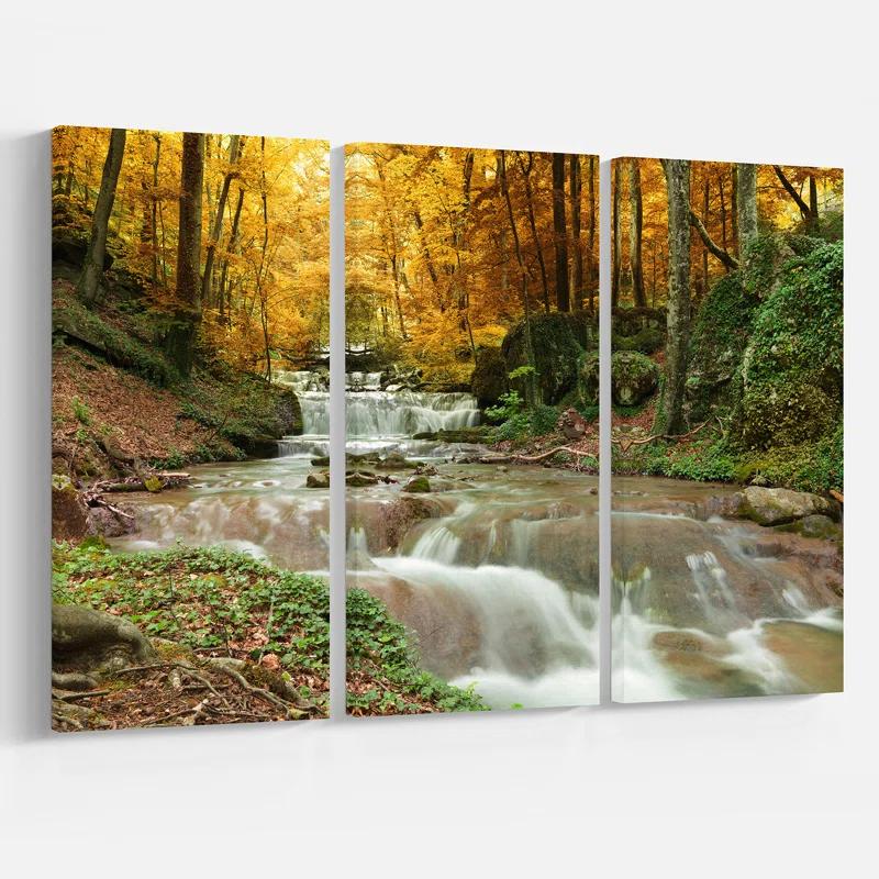 Design Art " Forest Waterfall With Yellow Trees " 3 - Pieces