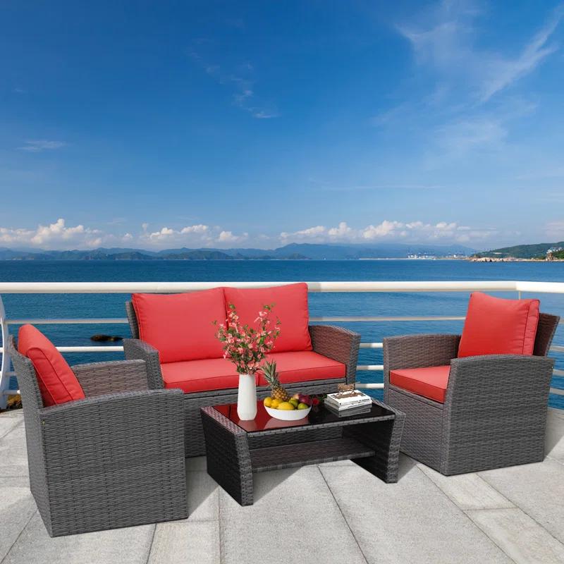 4 Piece Rattan Sofa Seating Group with Cushions