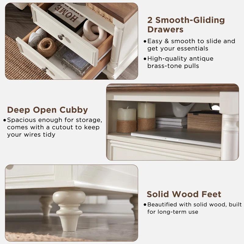 OKD Rushville Farmhouse 2 - Drawers Nightstand with Charging Station, Tall Rustic Wood Square End Table with Open Shelf