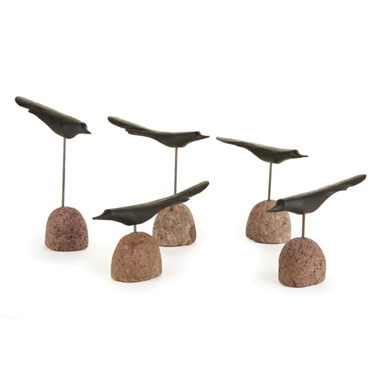 Black Palilo Wood and Iron Bird Sculpture Set