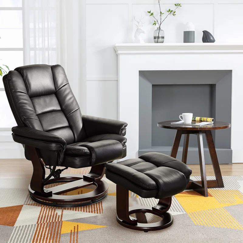 Snugway 32" Contemporary Leather Recliner and Ottoman with Swiveling Mahogany Wood Base