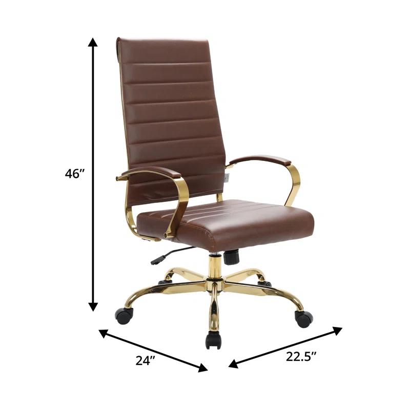 Everly Quinn Humairaa Leather Office Chair – Executive Task Chair with Swivel, Adjustable Height & Gold Base for Home Office or Conference Room