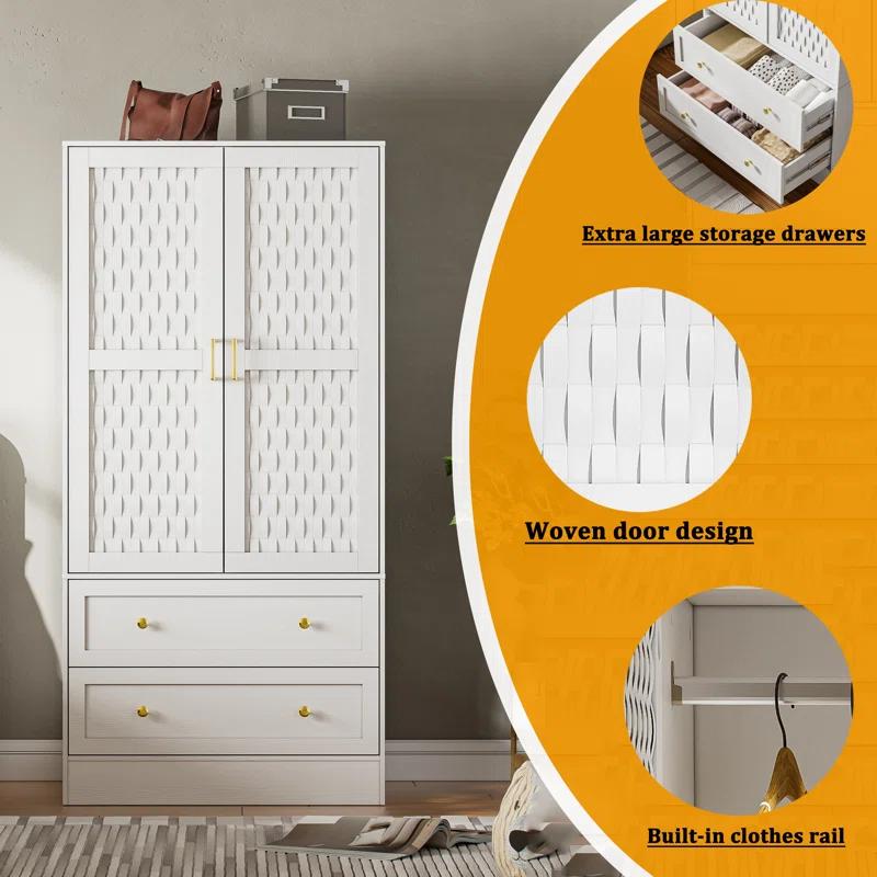 Everly Quinn Freestanding Armoire Wardrobe Closet with 2 Woven Doors
