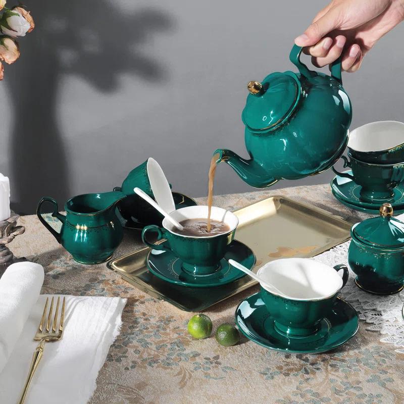 Rosdorf Park Malerba 21 Piece Vintage Porcelain Tea Set, Green With Gold Trim China Coffee Service For 6, Large Teapot, Tea Cup And Saucers Set, Christmas Gifts