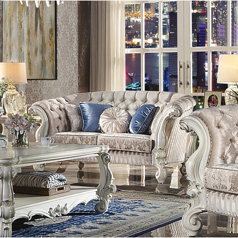 76" Versailles Sofa Ivory Fabric & Bone White Finish - Acme Furniture: Crescent, Nailhead Trim, Leather